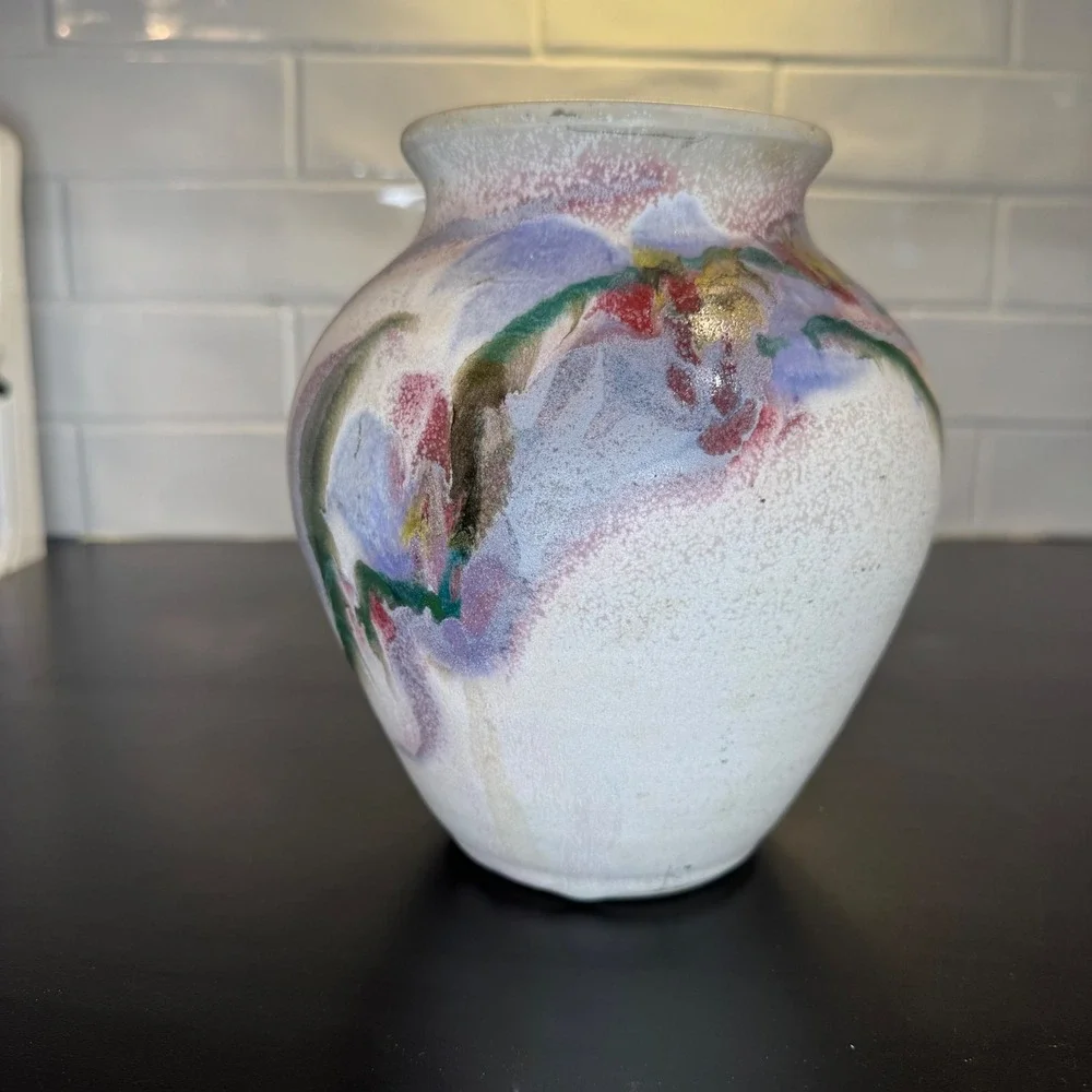 Cooper Studio Pottery Vase Home Decor 7in Cream Purple Green Hand Thrown Signed